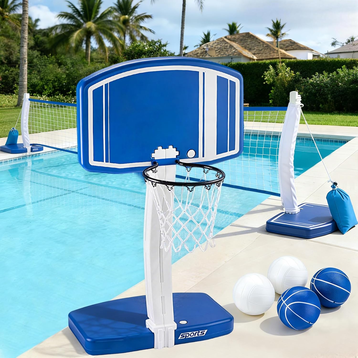 Kids Outdoor Fun - Oberirdischer Pool-Basketballkorb und Volleyballnetz 2-in-1, Outdoor-Wasserspielzeug